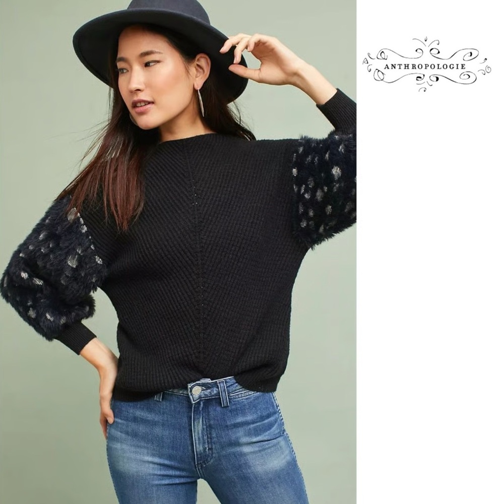 Anthropologie Knitted and Knotted Fuzzy Balloon Sleeves in Black and White